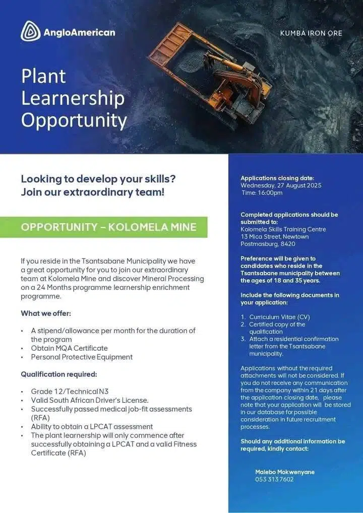 Anglo American Plant Learnership Opportunities 2025