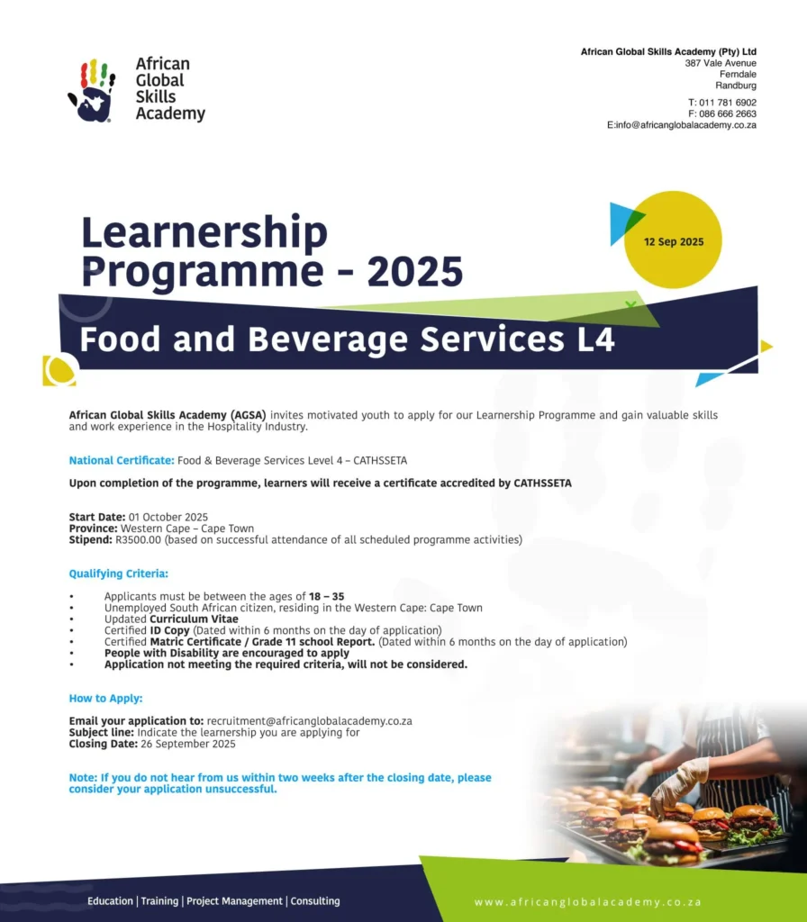 AGSA & CATHSSETA Food & Beverage Services Learnership Programme 2025