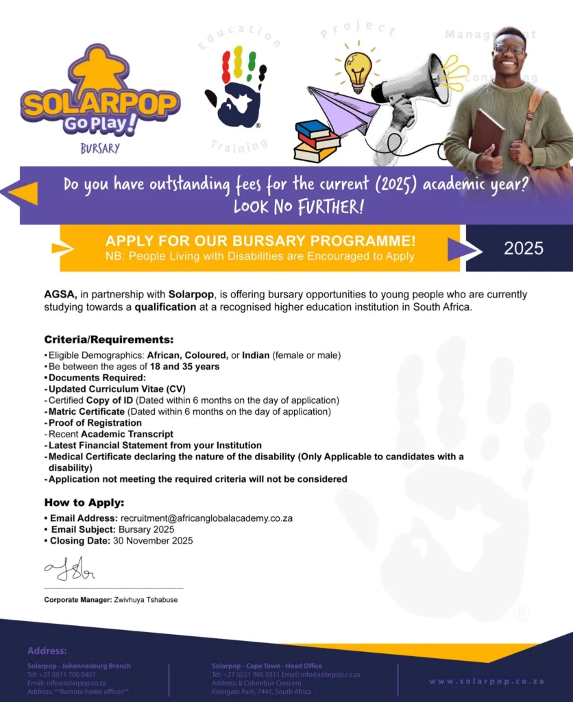 African Global Skills Academy (AGSA) & Solarpop Bursary Programme 2026