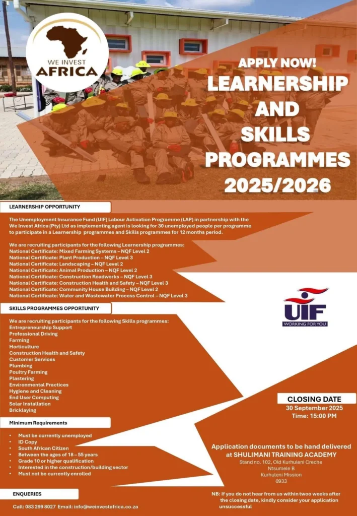 UIF Labour Activation Programme (LAP) & We Invest Africa Learnerships and Skills Programs 2025/2026