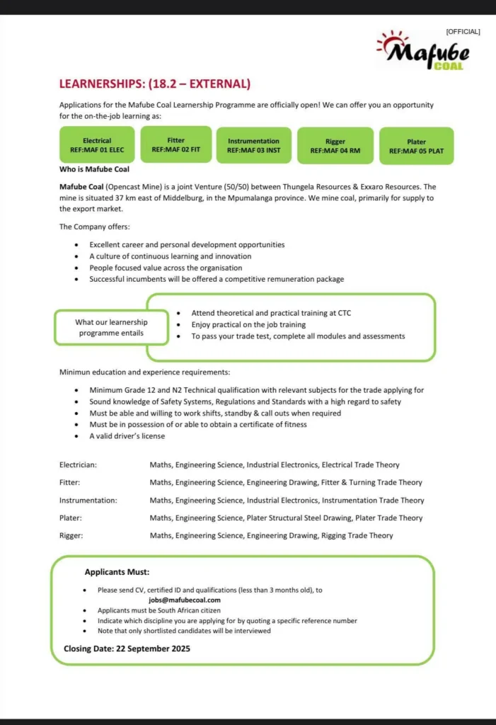 Mafube Coal Engineering Learnerships 2025 / 2026