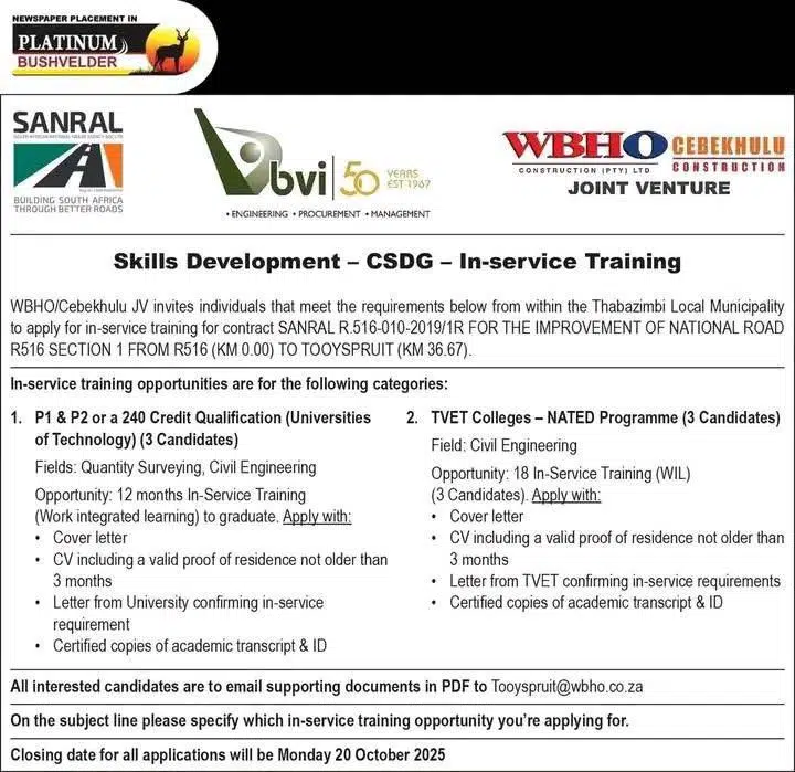SANRAL & WBHO/Cebekhulu JV In-Service Training Programme 2025