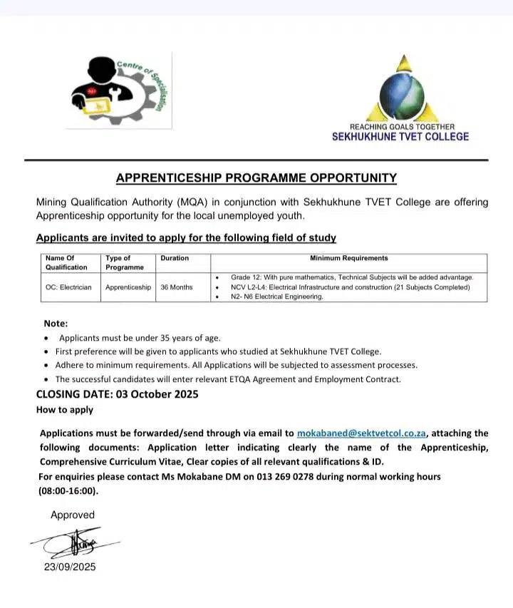Mining Qualifications Authority (MQA) Electrician Apprenticeship Programme Intake 2025
