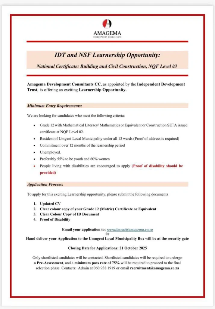 Amagema Development Consultants: IDT and NSF Learnership Programme 2025