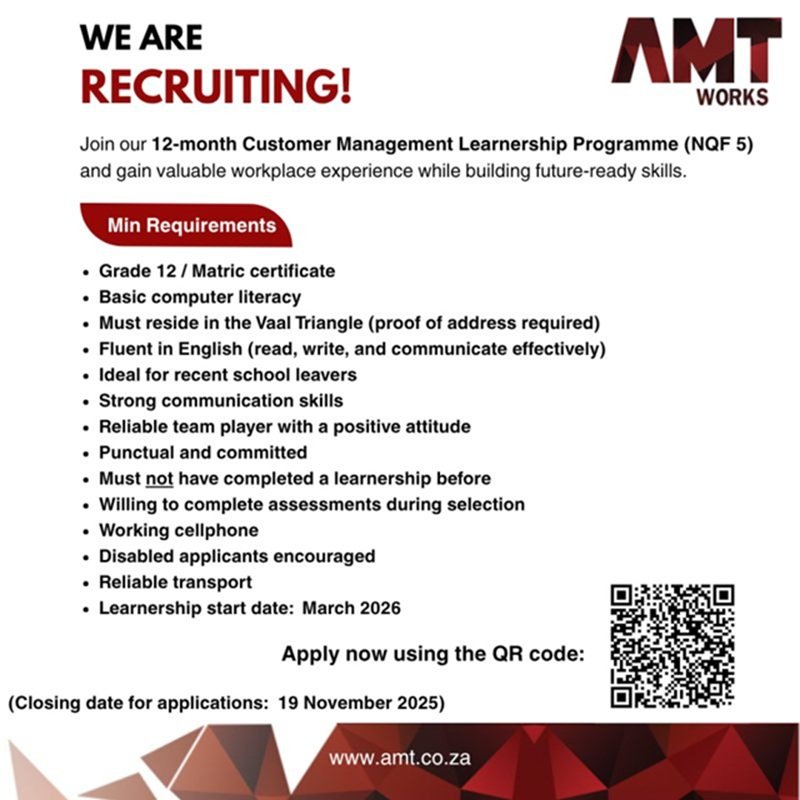 AMT Placement Services Customer Management Learnership 2025-2026