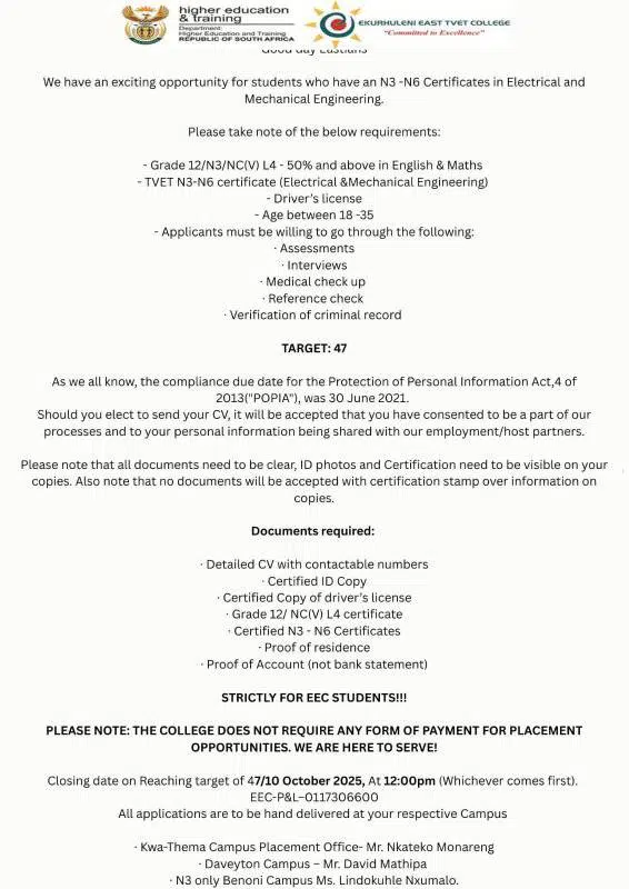 Ekurhuleni East TVET College Engineering Internship Programme 2025